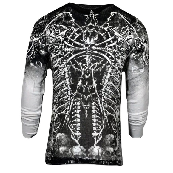 Xtreme Couture by Affliction Men's Thermal Shirt CATACOMBS Skull Biker White - Picture 3 of 7